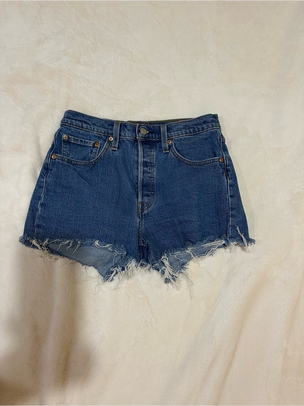 Levi's 501 Dark Blue Distressed Raw Hem Denim Shorts